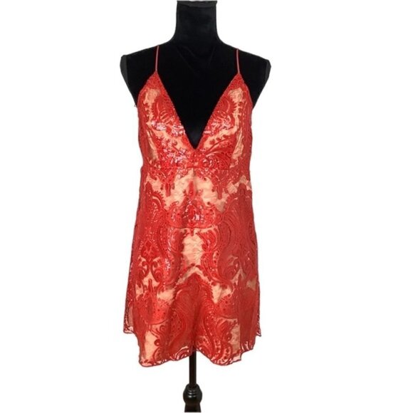 FREE PEOPLE NIGHT SHIMMERS LACE & SEQUINS RED MINI DRESS 10 - Picture 6 of 15